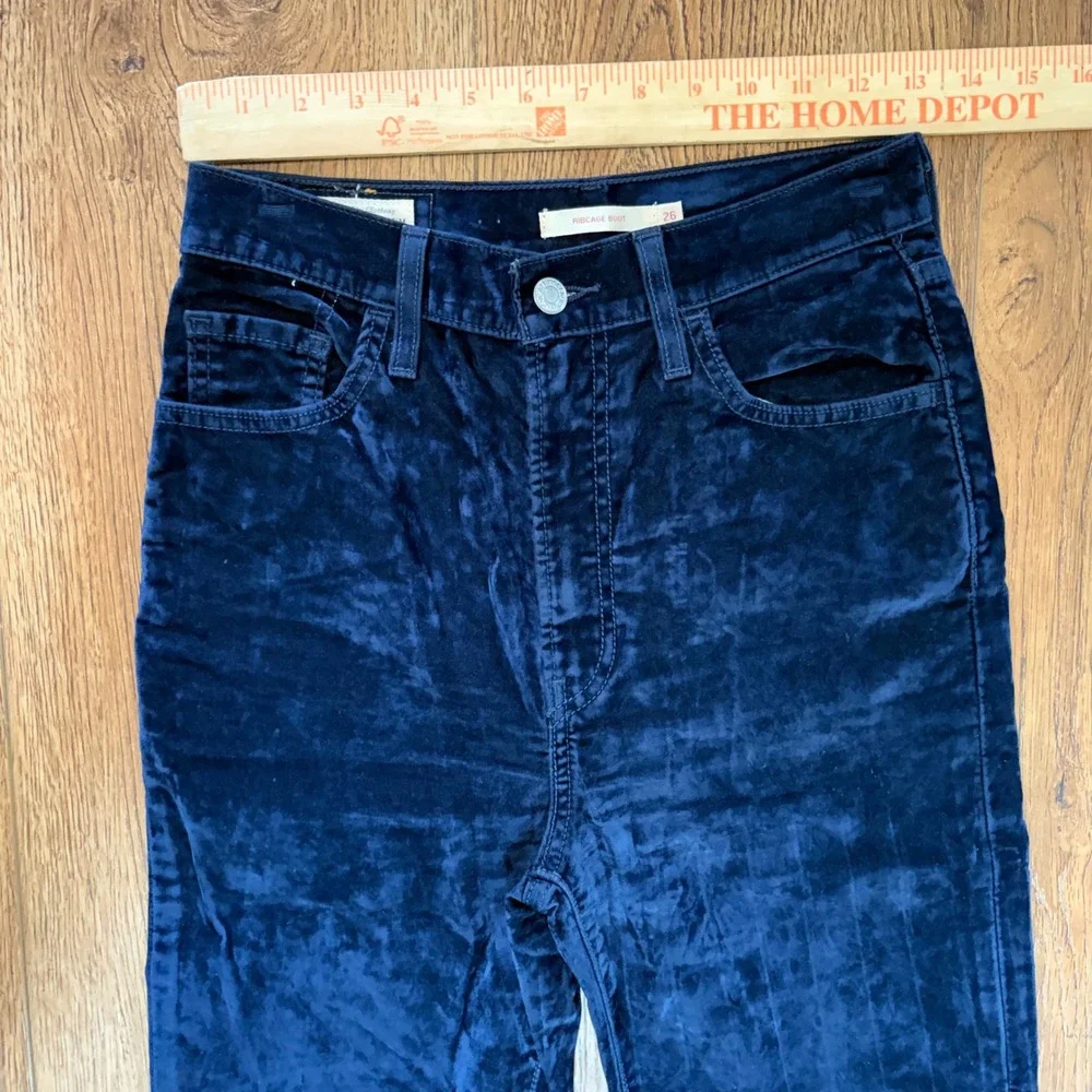 Levis Ribcage Bootcut Navy Blue Velour High Rise Flare Pants Womens 26x30 Boho - Picture 6 of 14